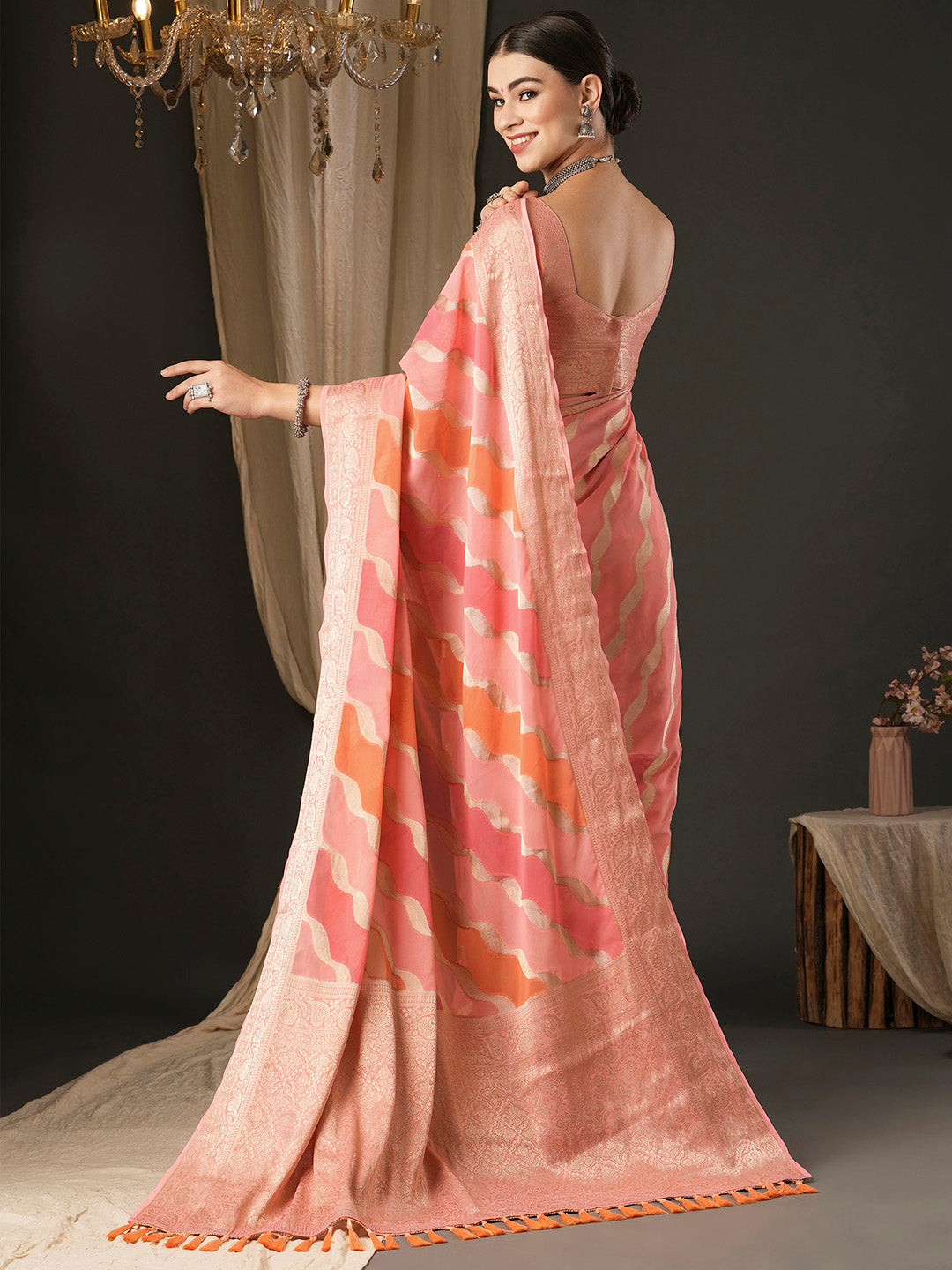 Georgette Pink Woven Design Designer Saree With Blouse