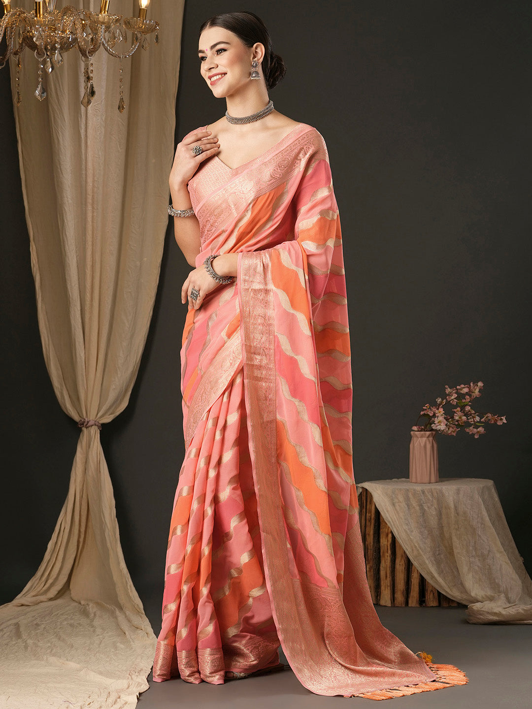 Georgette Pink Woven Design Designer Saree With Blouse