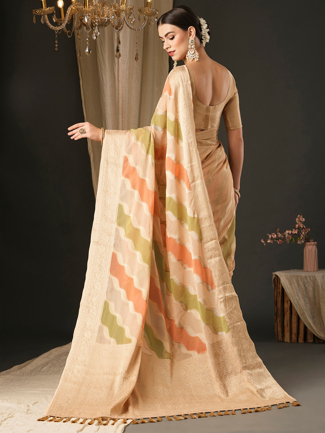 Georgette Cream Woven Design Designer Saree With Blouse