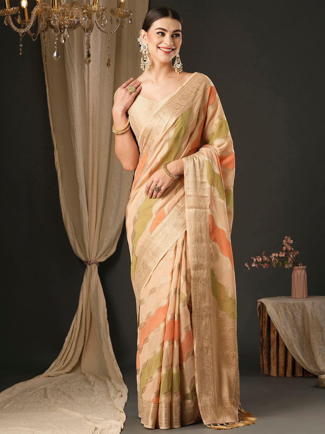 Georgette Cream Woven Design Designer Saree With Blouse