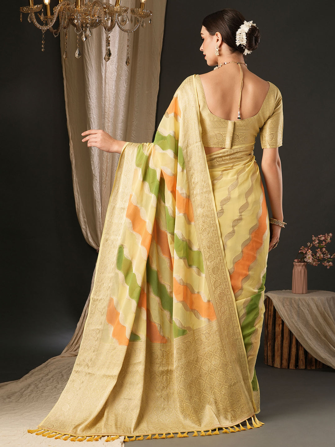 Georgette Yellow Woven Design Designer Saree With Blouse