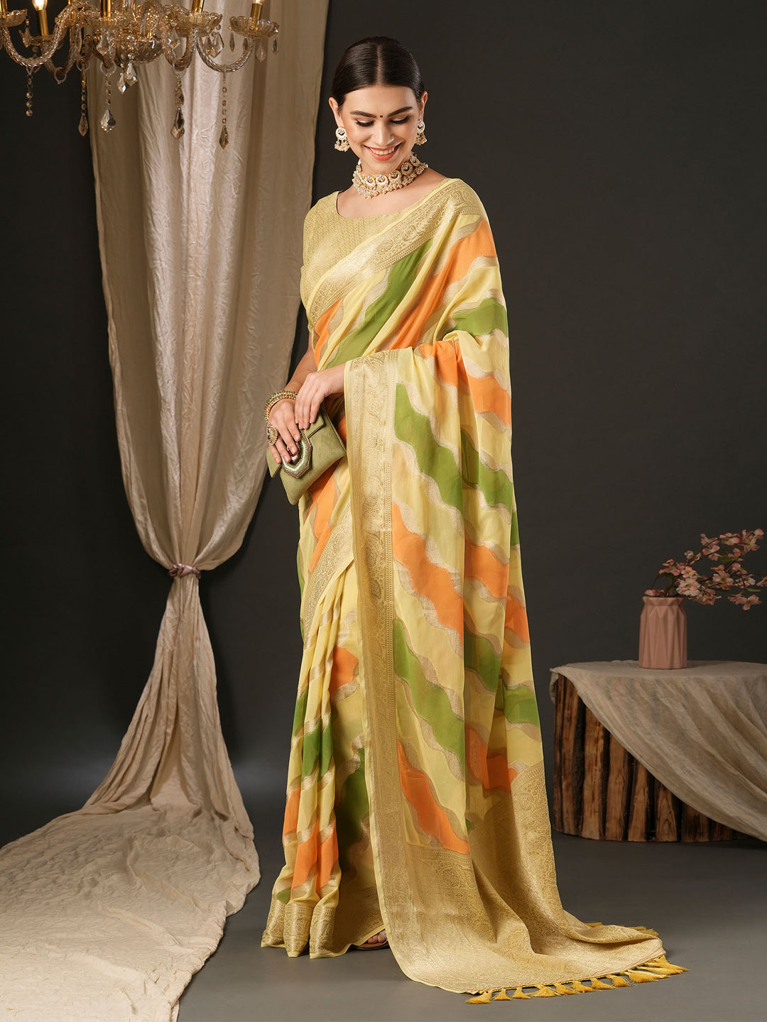 Georgette Yellow Woven Design Designer Saree With Blouse