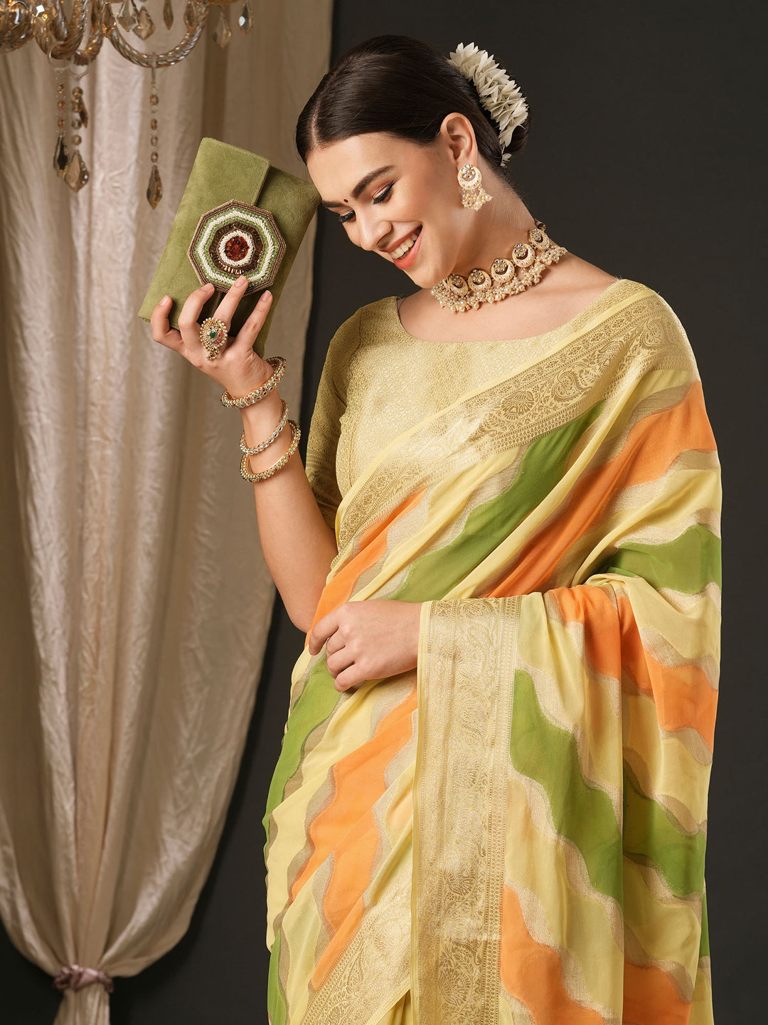 Georgette Yellow Woven Design Designer Saree With Blouse