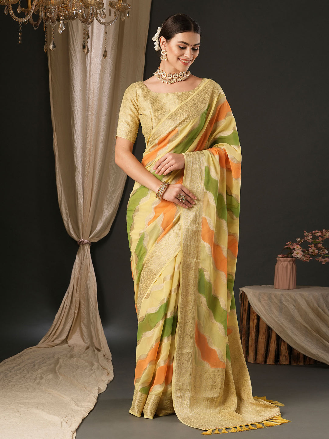 Georgette Yellow Woven Design Designer Saree With Blouse