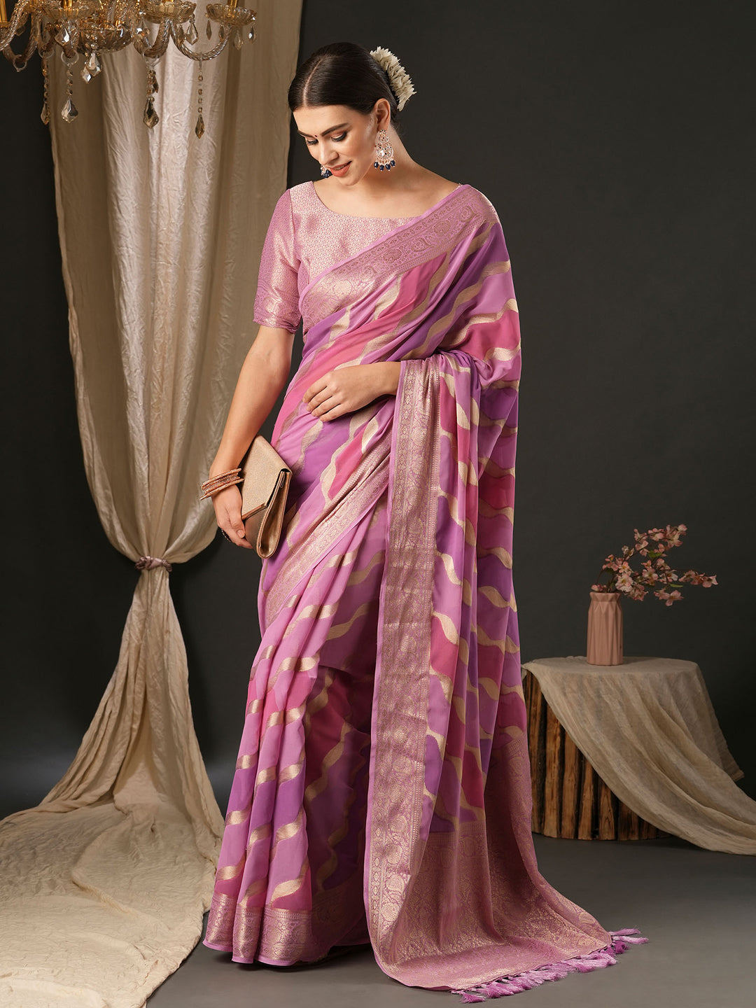 Georgette Mauve Woven Design Designer Saree With Blouse