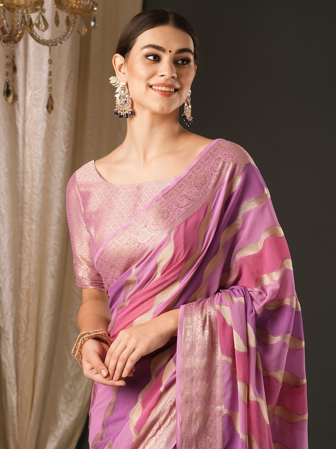 Georgette Mauve Woven Design Designer Saree With Blouse