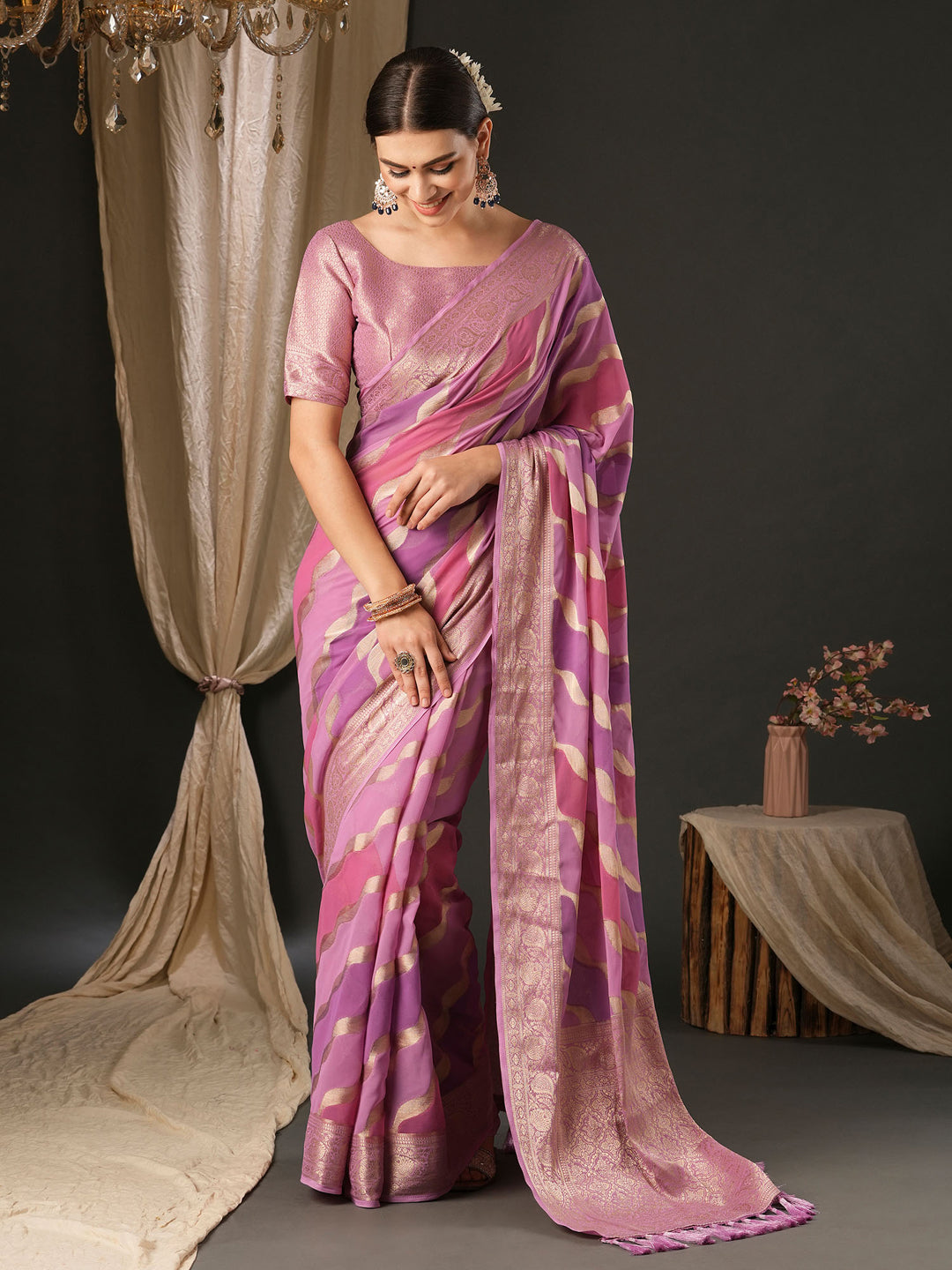 Georgette Mauve Woven Design Designer Saree With Blouse