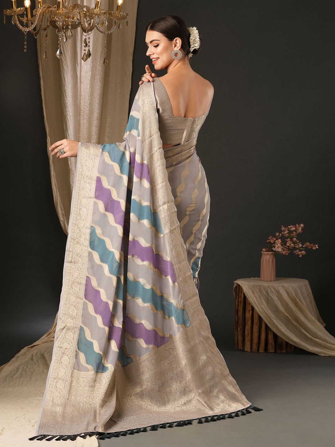 Georgette Grey Woven Design Designer Saree With Blouse