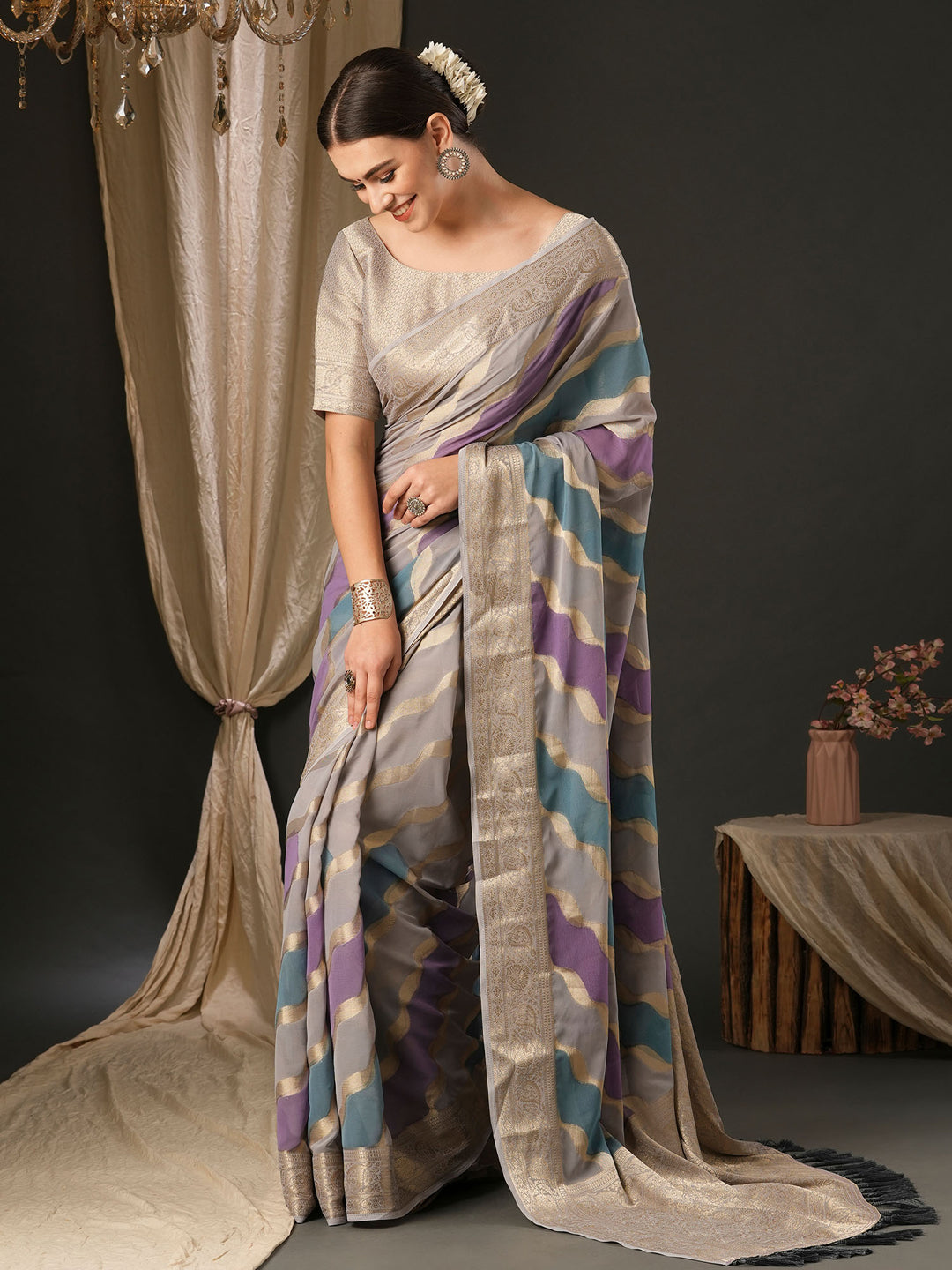 Georgette Grey Woven Design Designer Saree With Blouse