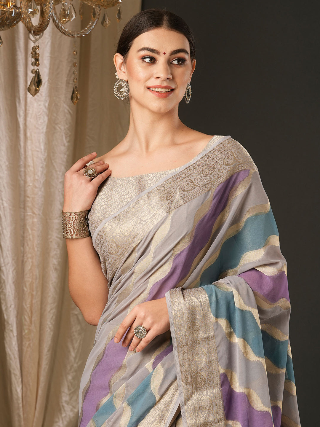 Georgette Grey Woven Design Designer Saree With Blouse