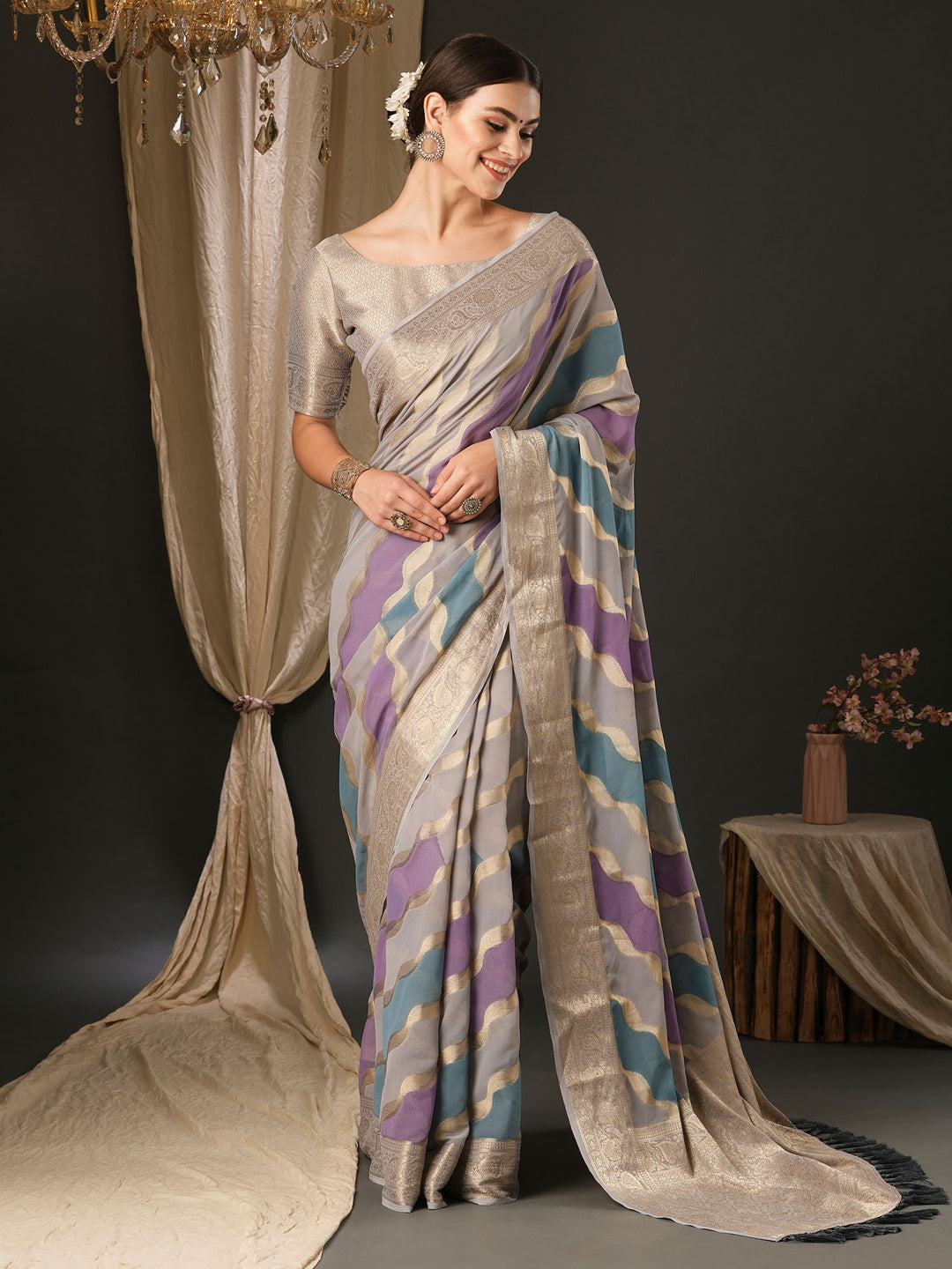 Georgette Grey Woven Design Designer Saree With Blouse