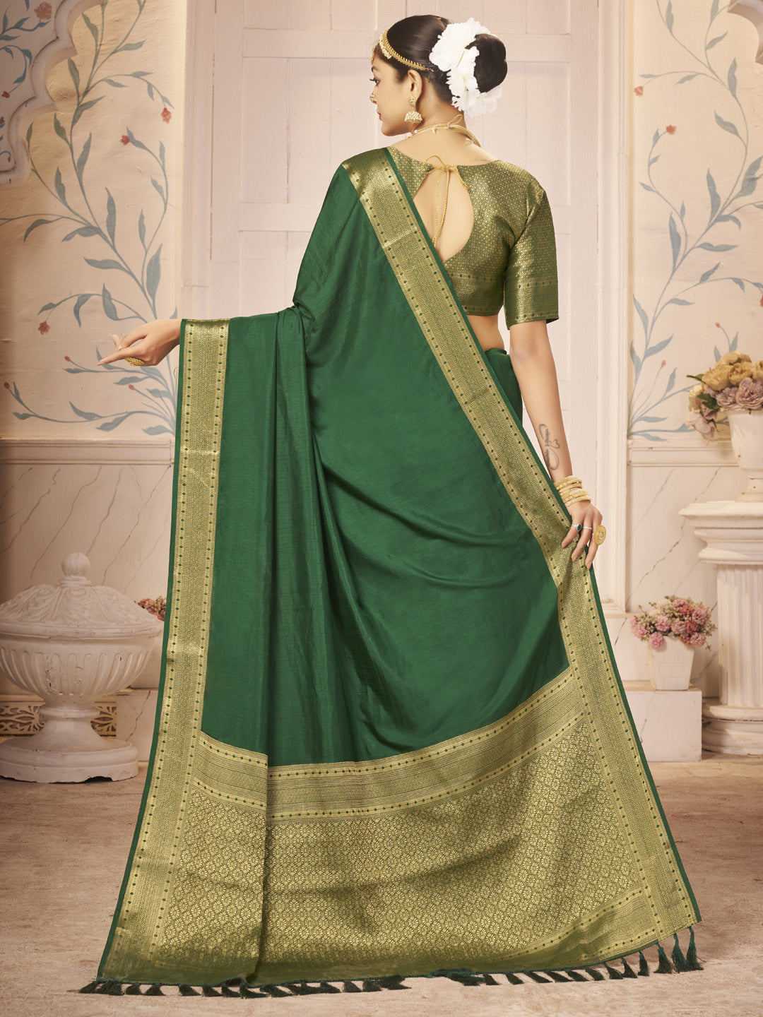 Nylon Green Woven Design Designer Saree With Blouse