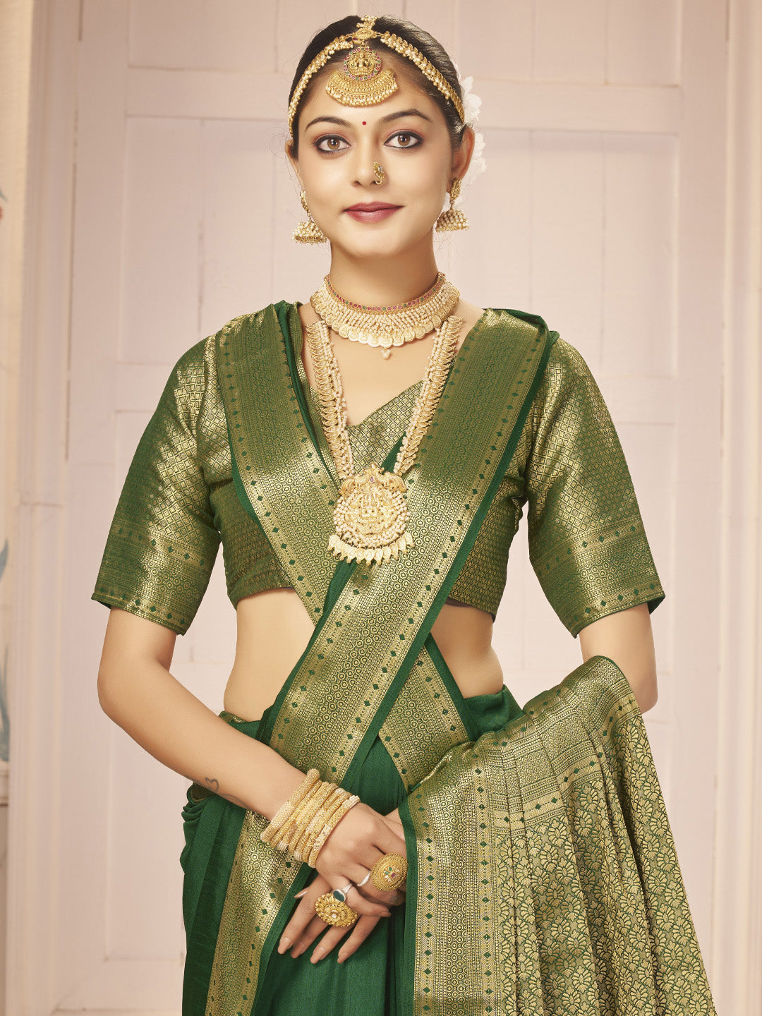 Nylon Green Woven Design Designer Saree With Blouse