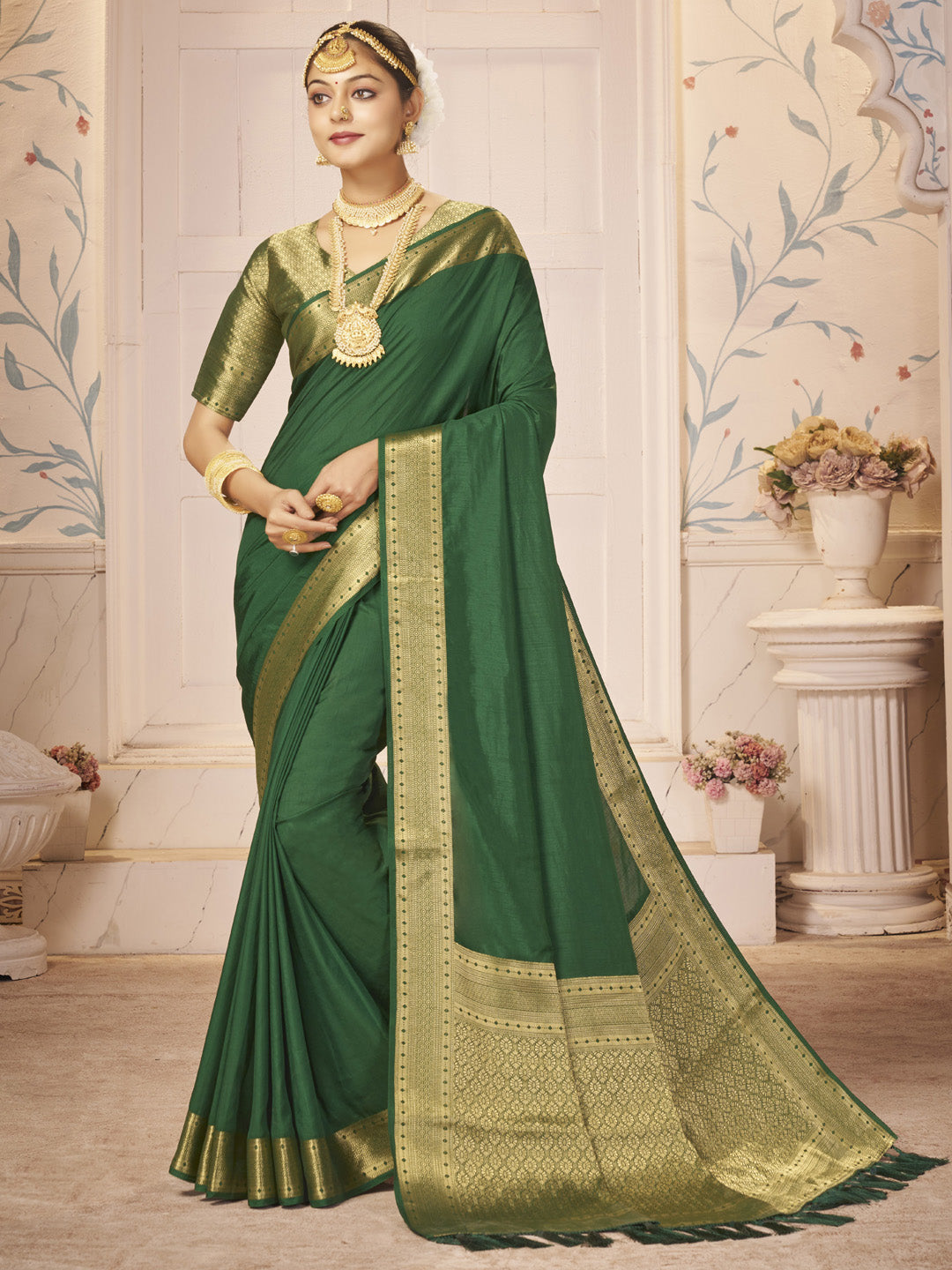 Nylon Green Woven Design Designer Saree With Blouse