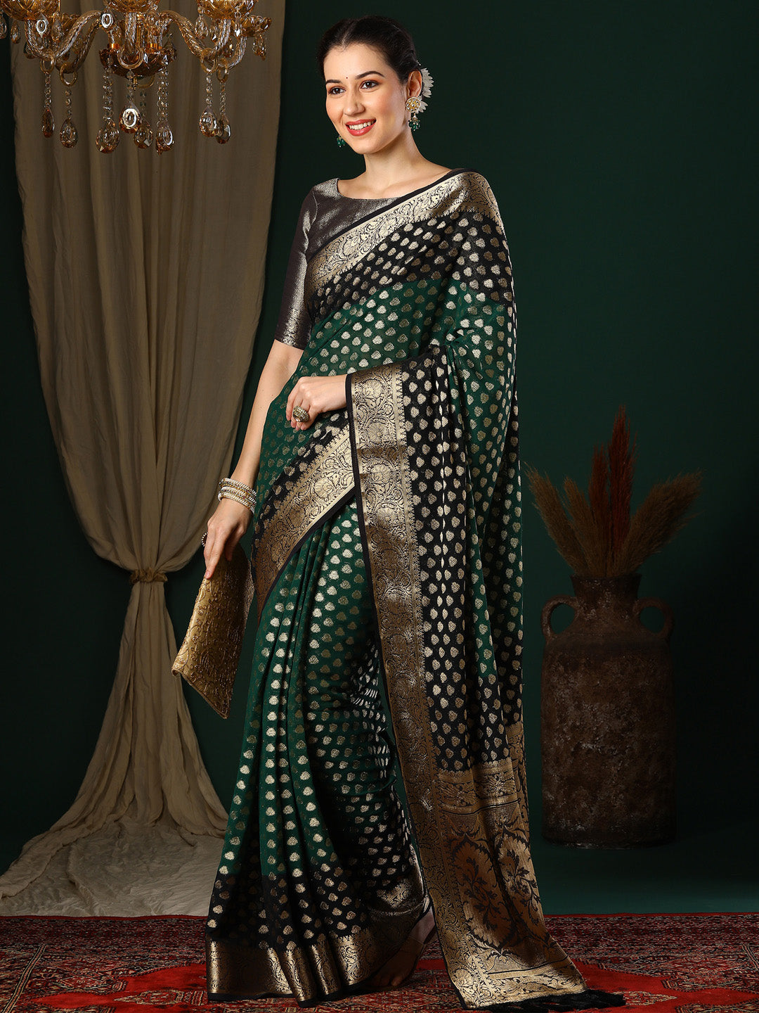 Georgette Green Woven Design Designer Saree With Blouse