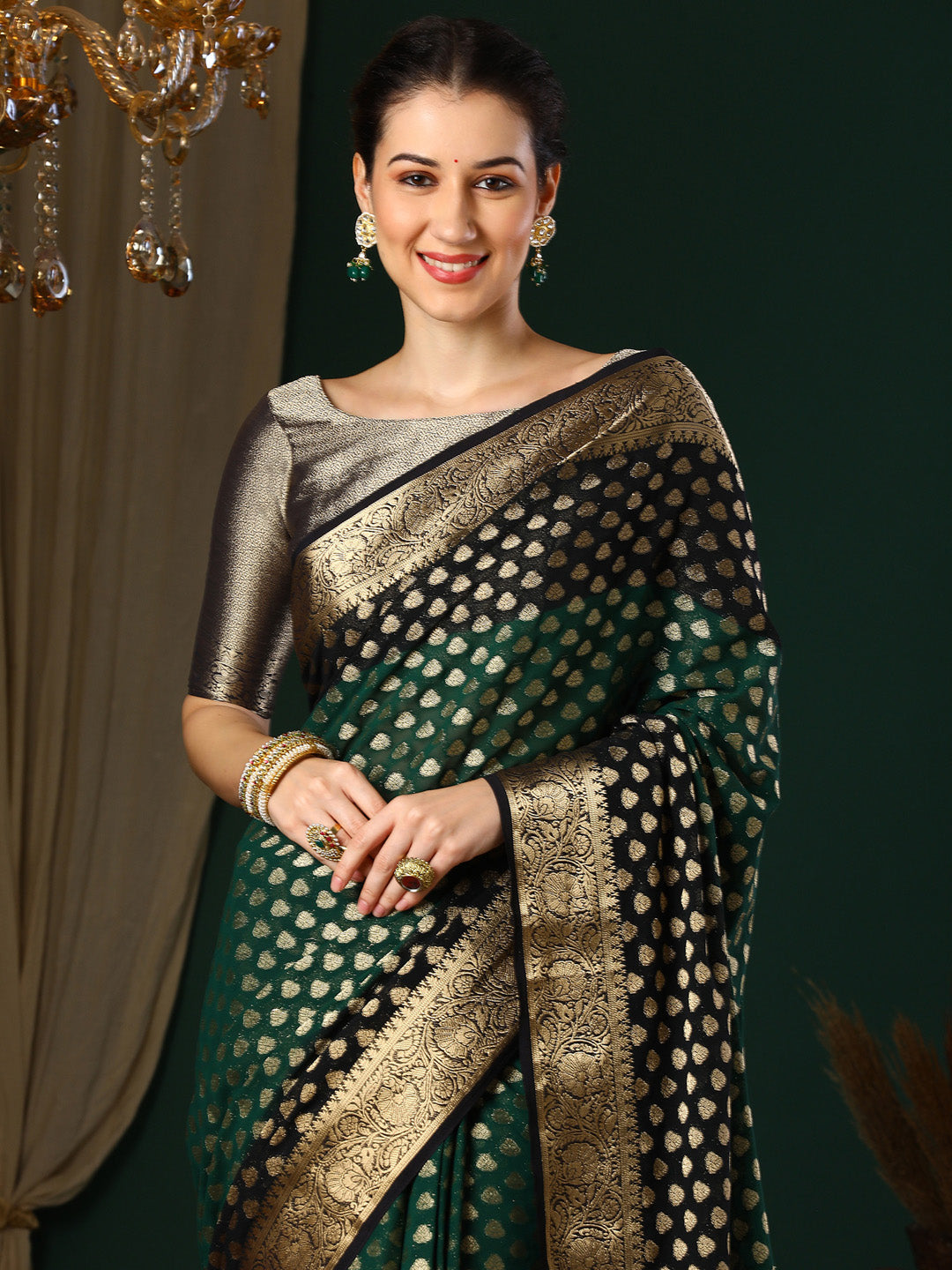 Georgette Green Woven Design Designer Saree With Blouse