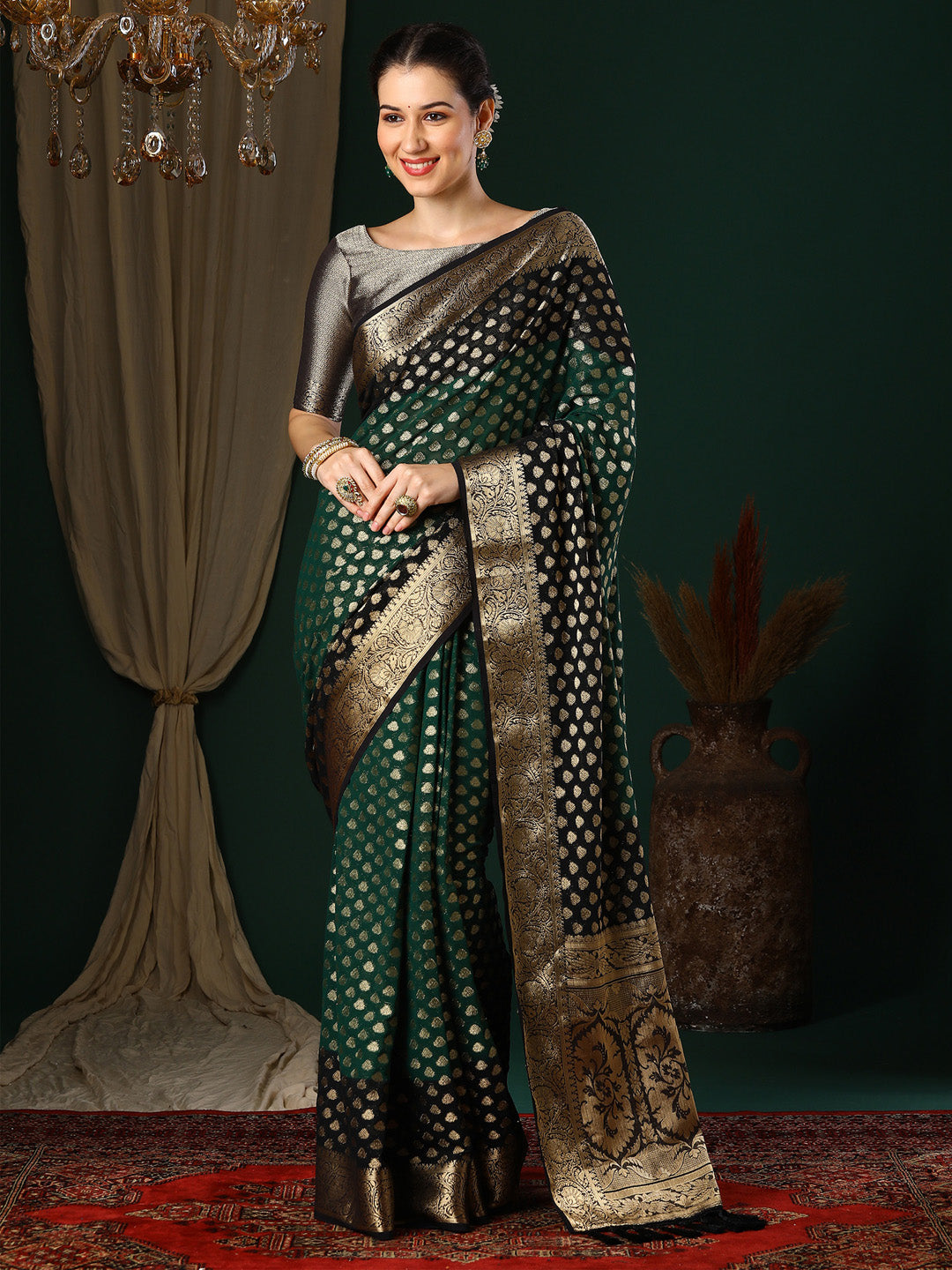 Georgette Green Woven Design Designer Saree With Blouse