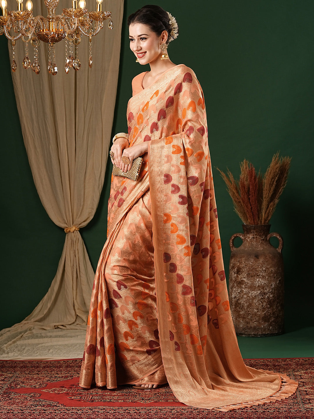 Georgette Orange Woven Design Designer Saree With Blouse