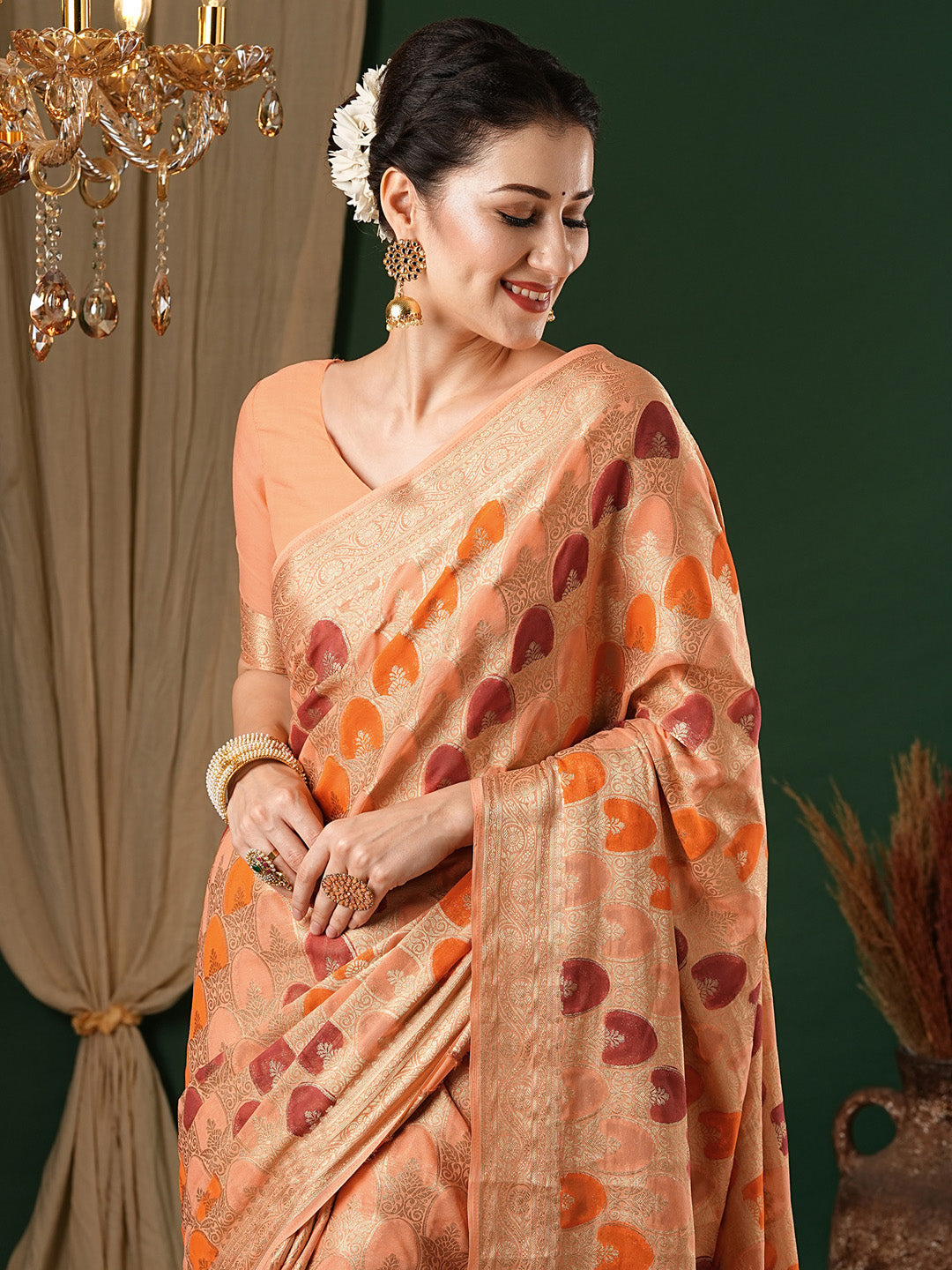 Georgette Orange Woven Design Designer Saree With Blouse