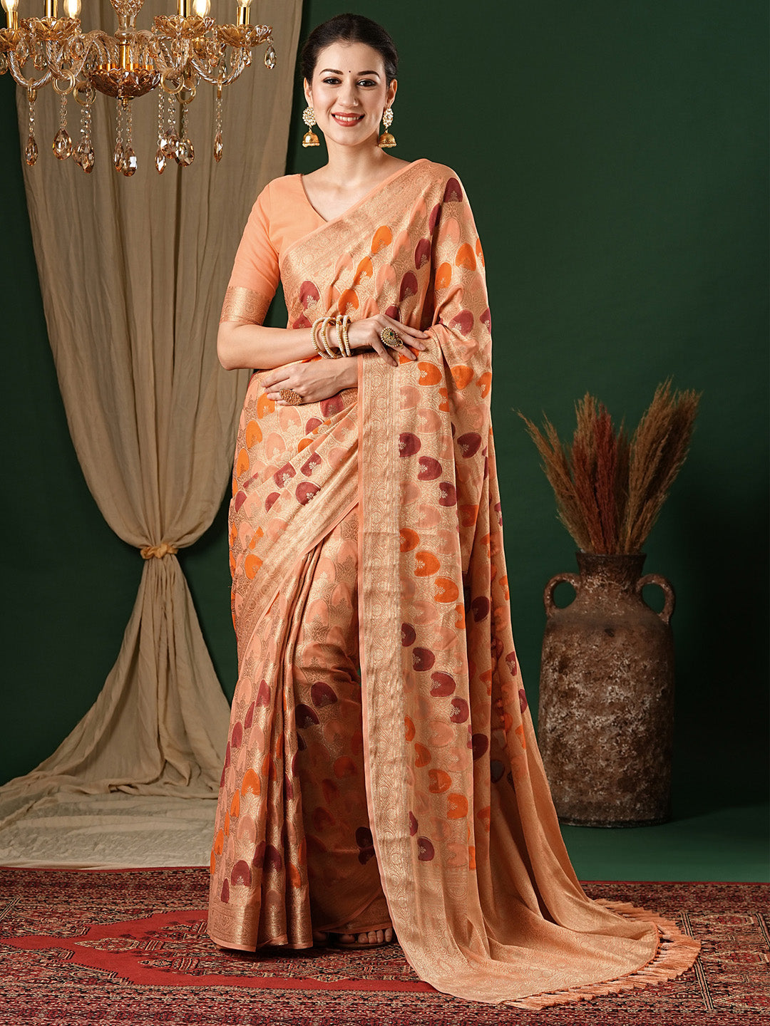 Georgette Orange Woven Design Designer Saree With Blouse