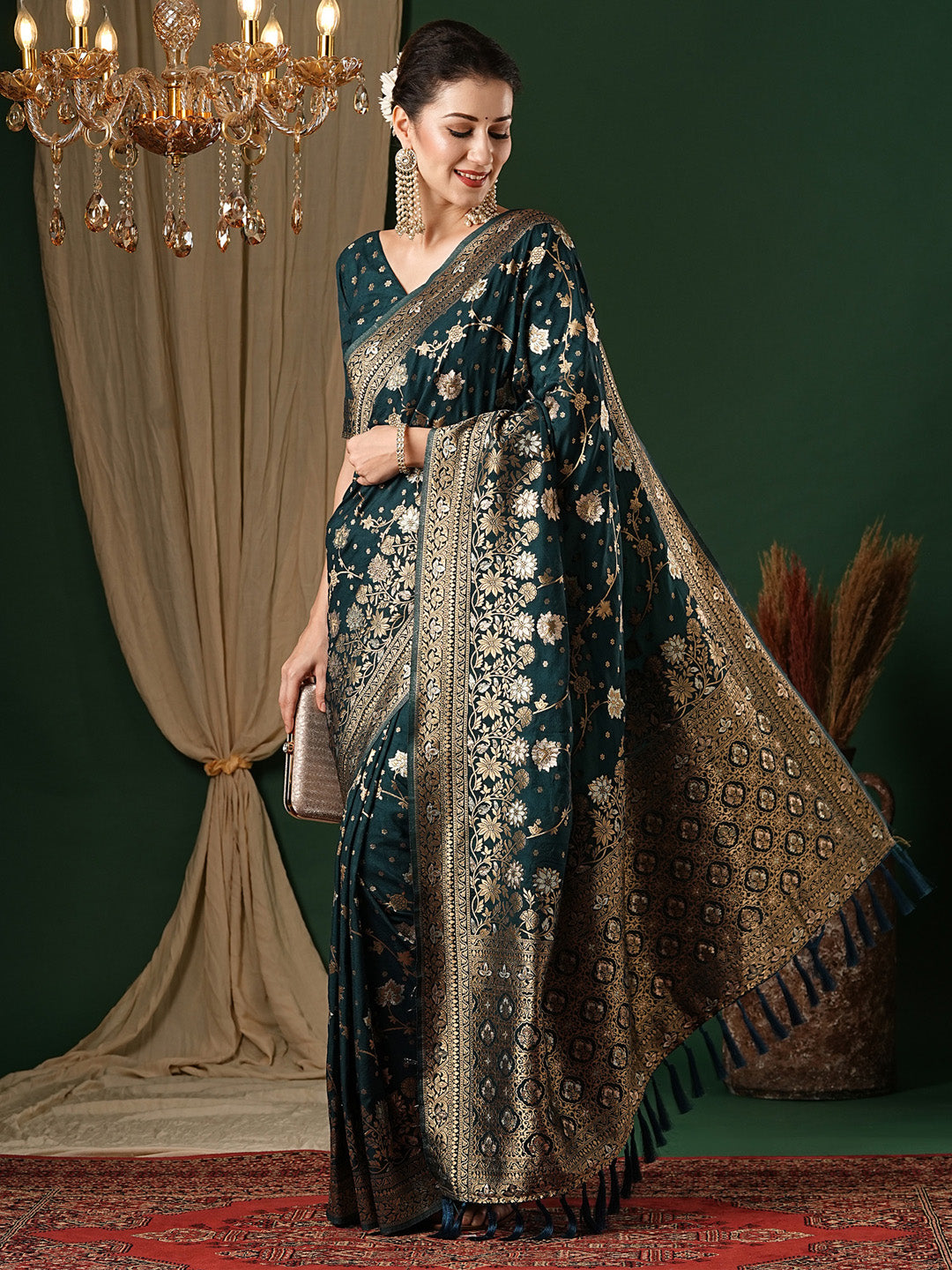 Georgette Teal blue Woven Design Designer Saree With Blouse