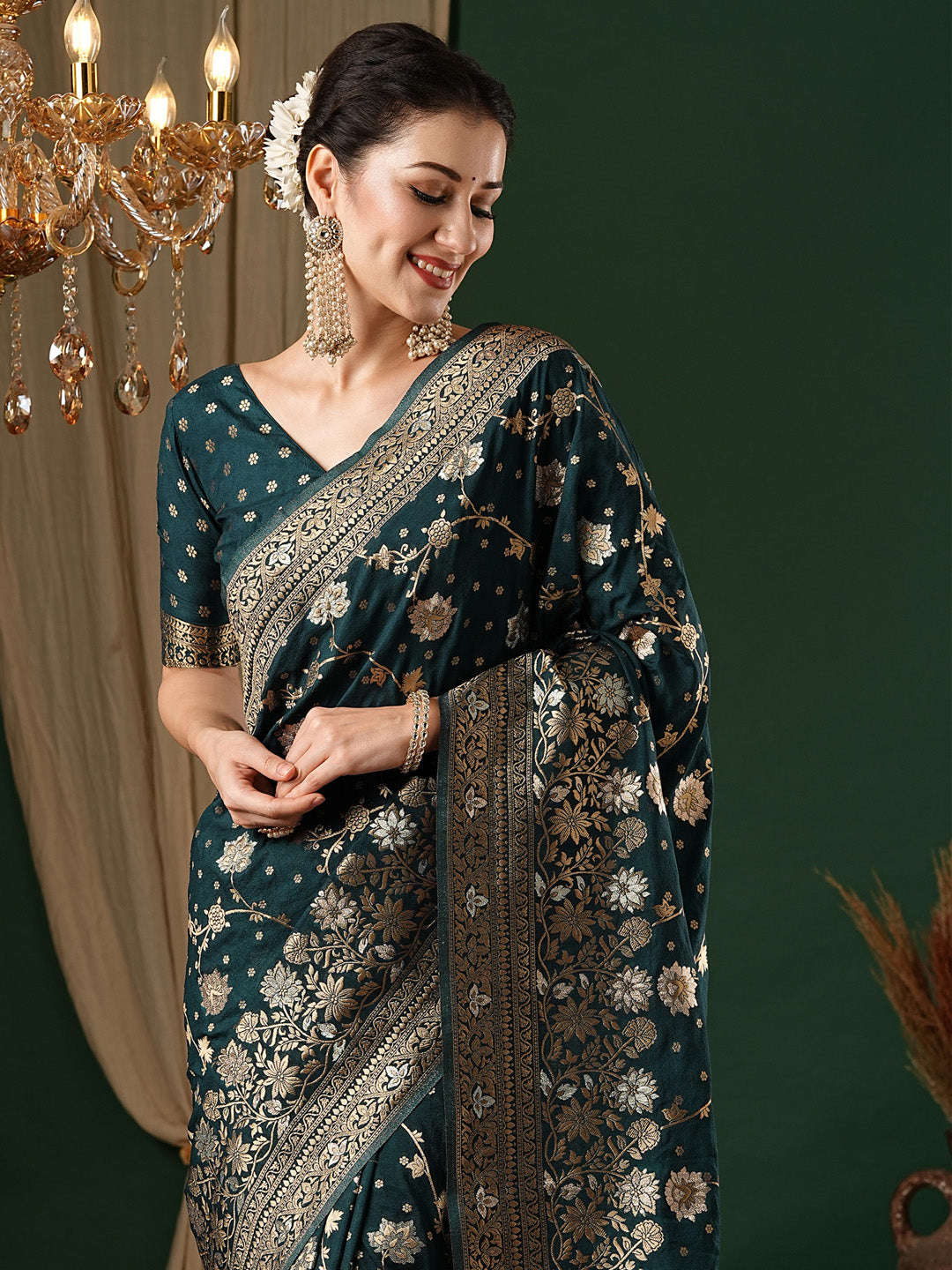 Georgette Teal blue Woven Design Designer Saree With Blouse