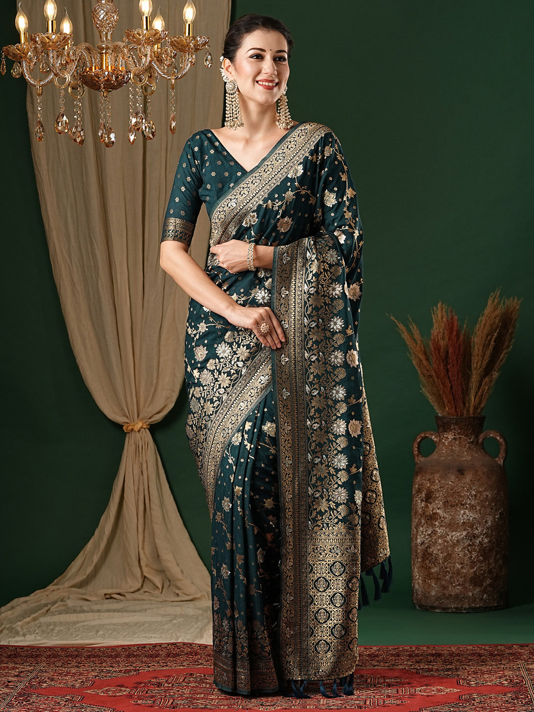 Georgette Teal blue Woven Design Designer Saree With Blouse