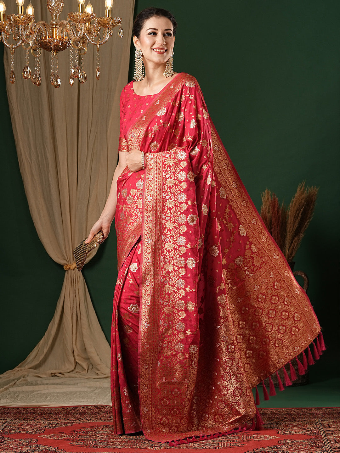 Georgette Pink Woven Design Designer Saree With Blouse