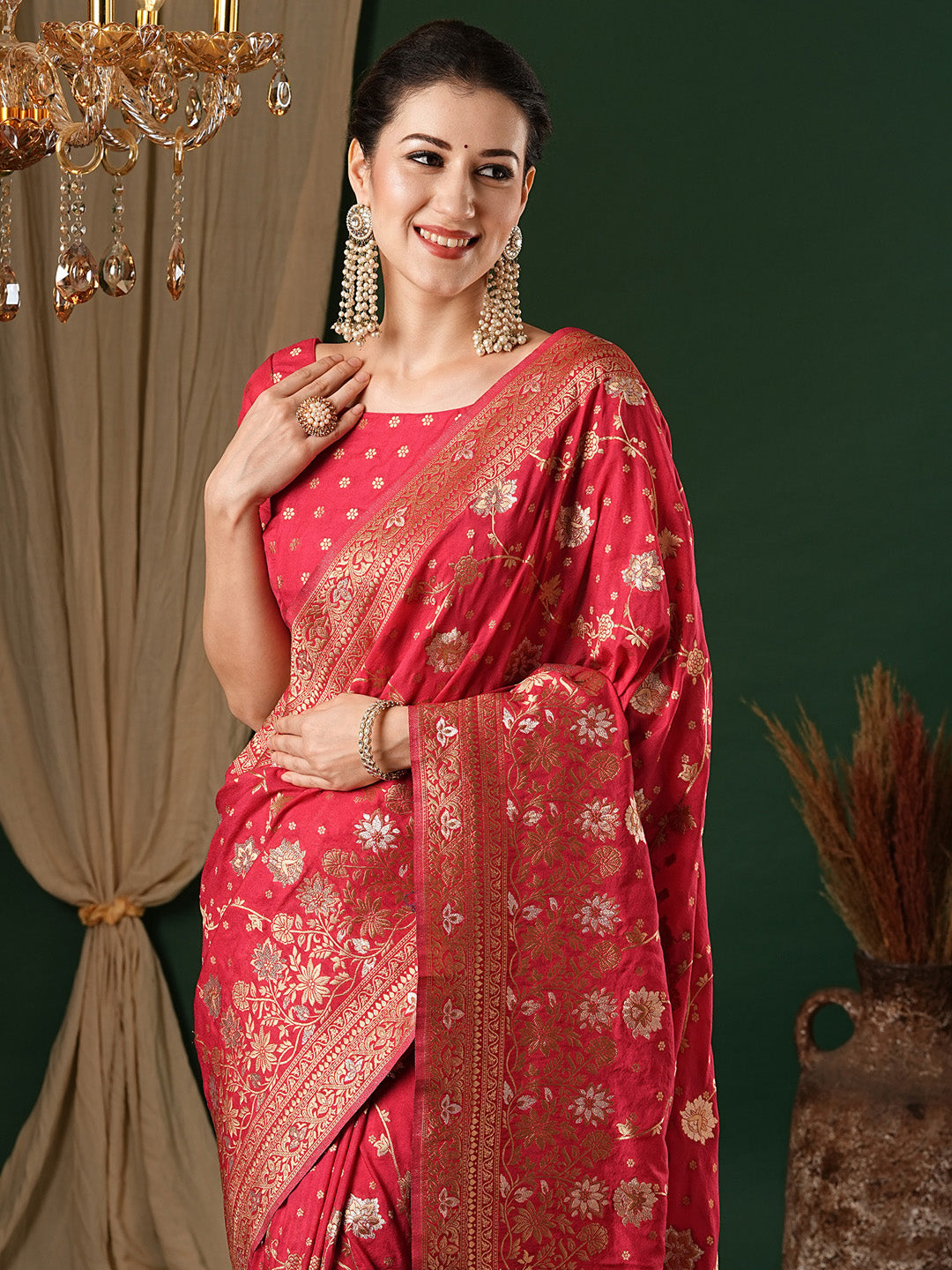 Georgette Pink Woven Design Designer Saree With Blouse