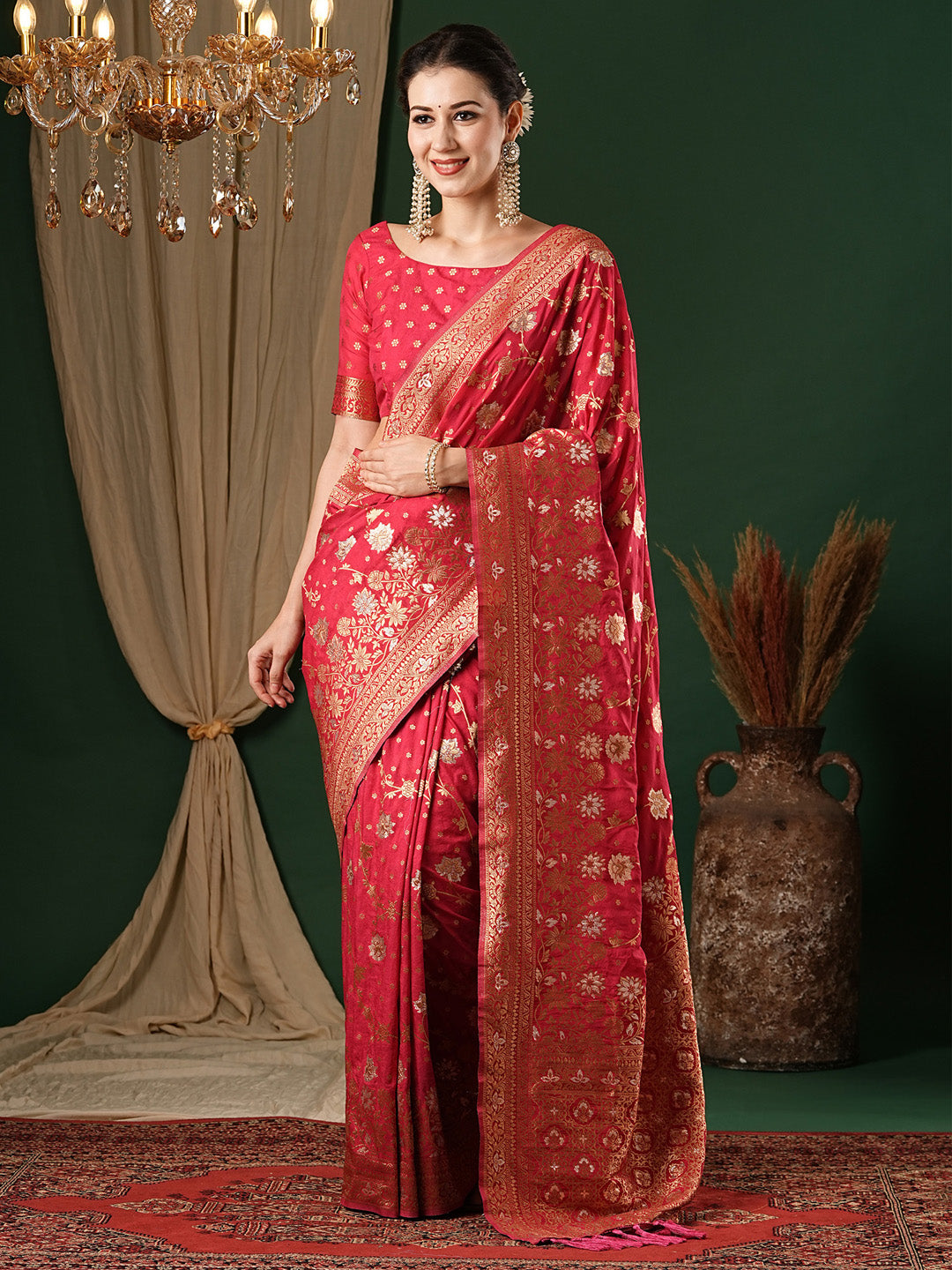 Georgette Pink Woven Design Designer Saree With Blouse