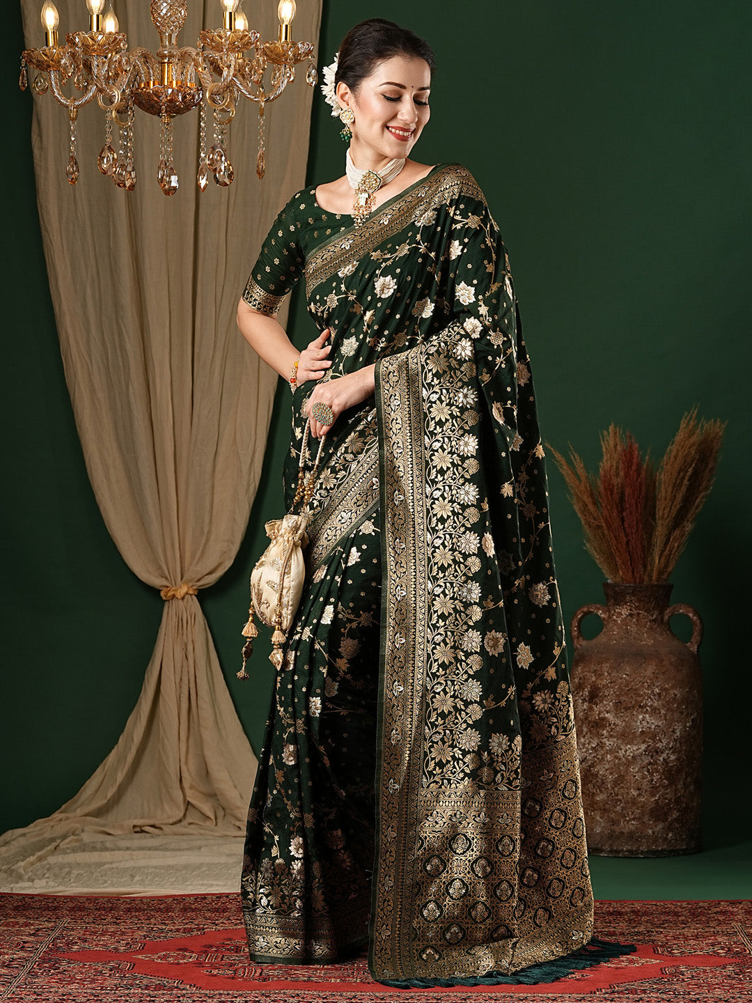 Georgette Dark Green Woven Design Designer Saree With Blouse