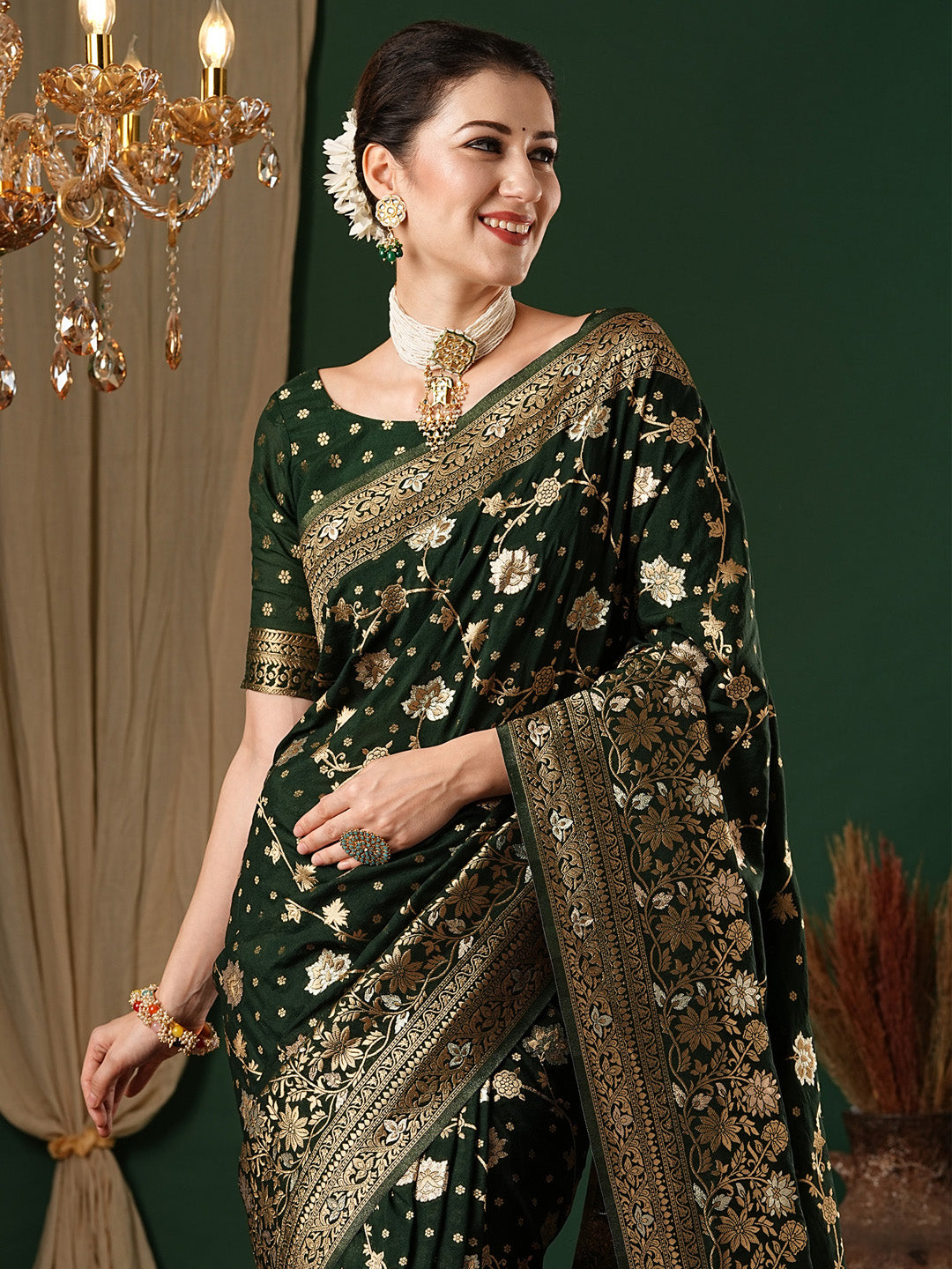 Georgette Dark Green Woven Design Designer Saree With Blouse