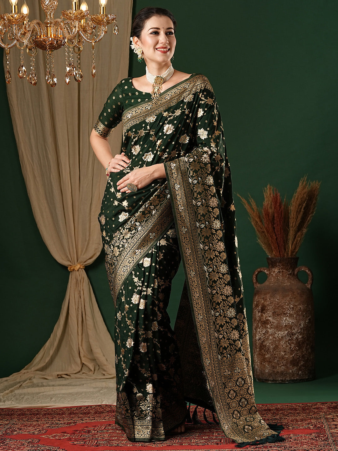 Georgette Dark Green Woven Design Designer Saree With Blouse