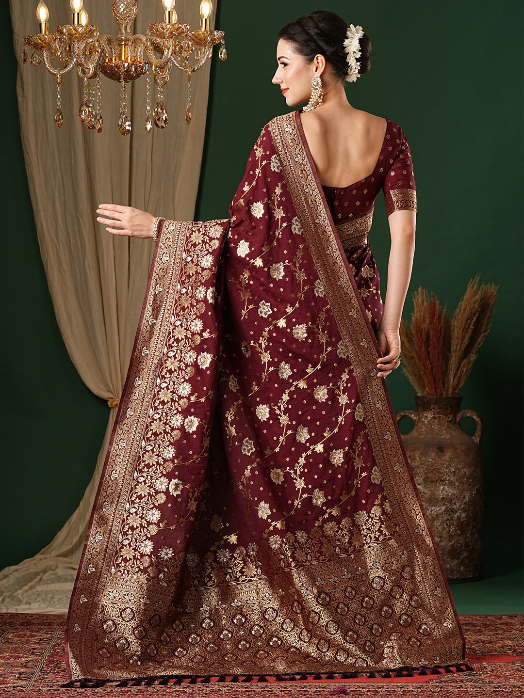 Georgette Maroon Woven Design Designer Saree With Blouse