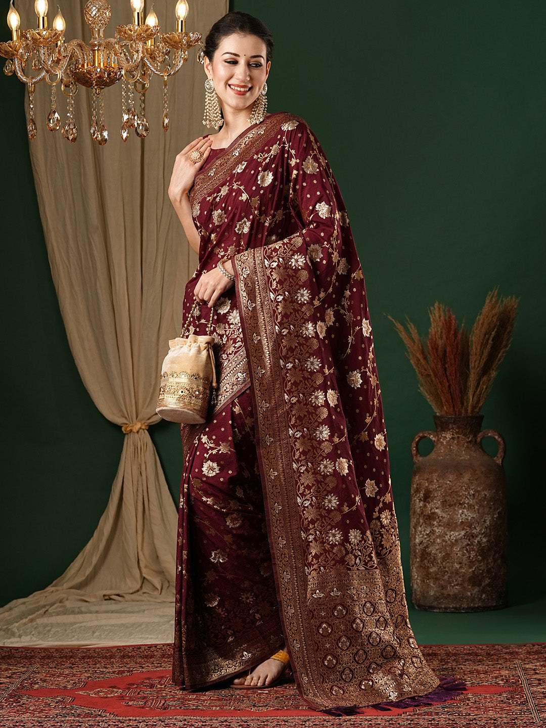 Georgette Maroon Woven Design Designer Saree With Blouse