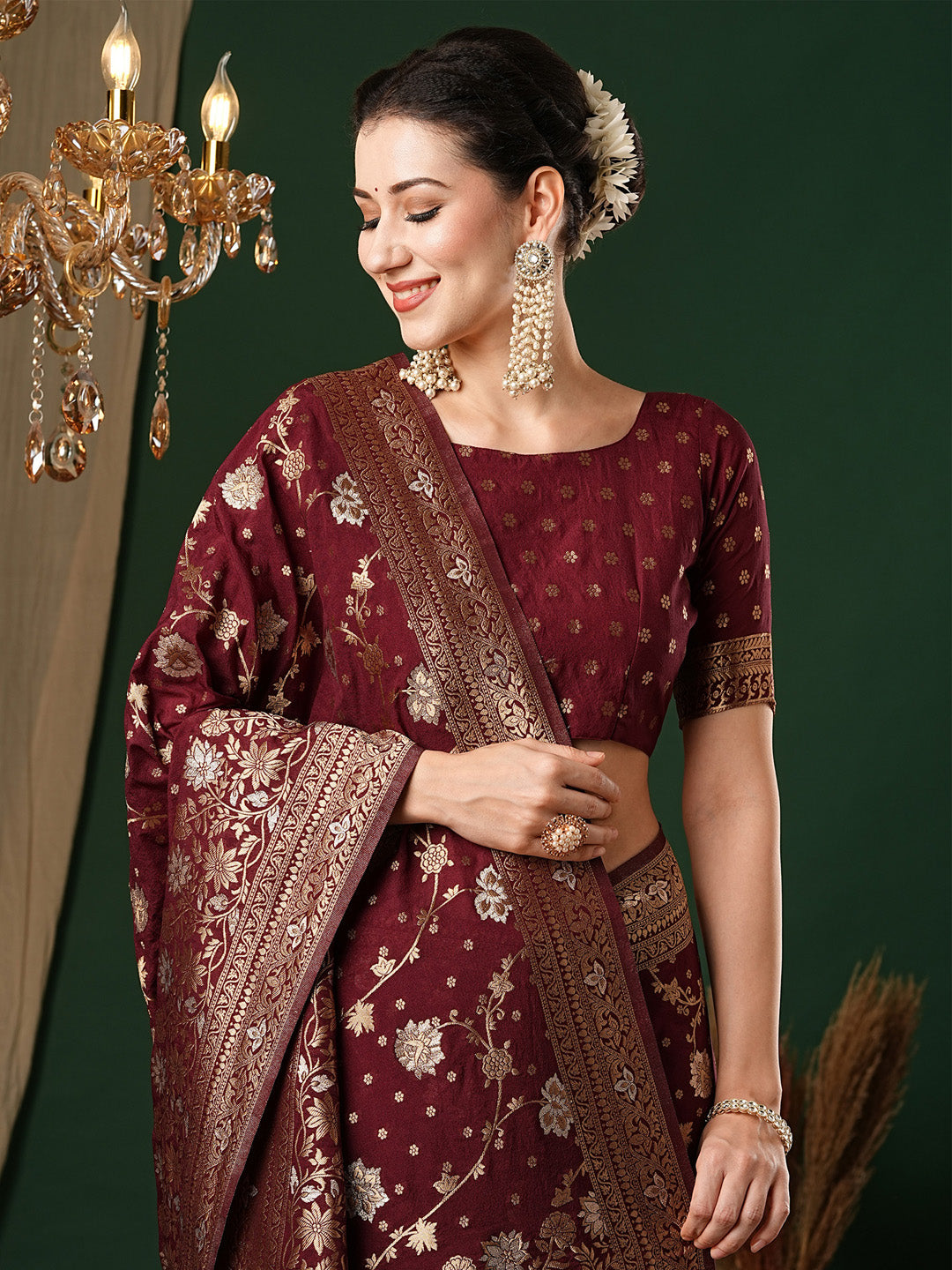 Georgette Maroon Woven Design Designer Saree With Blouse