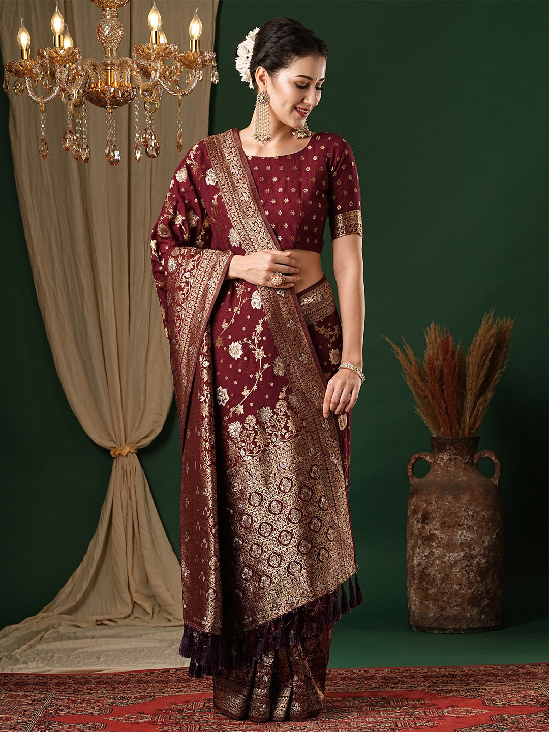 Georgette Maroon Woven Design Designer Saree With Blouse