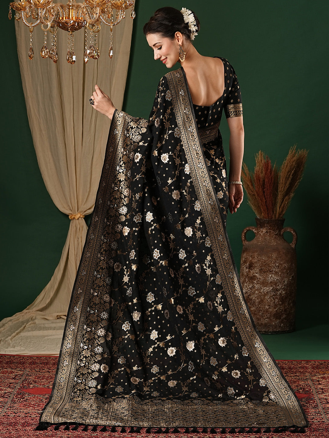 Georgette Black Woven Design Designer Saree With Blouse