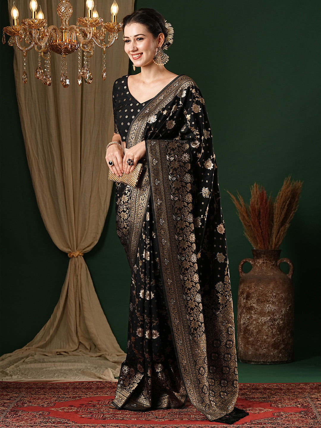 Georgette Black Woven Design Designer Saree With Blouse