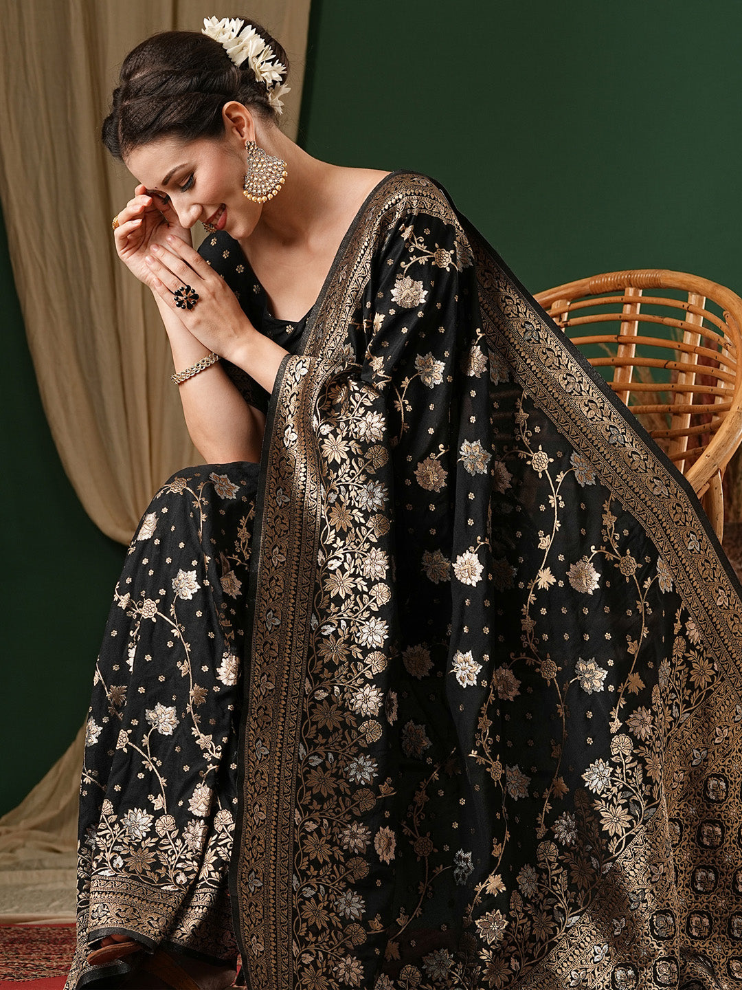 Georgette Black Woven Design Designer Saree With Blouse