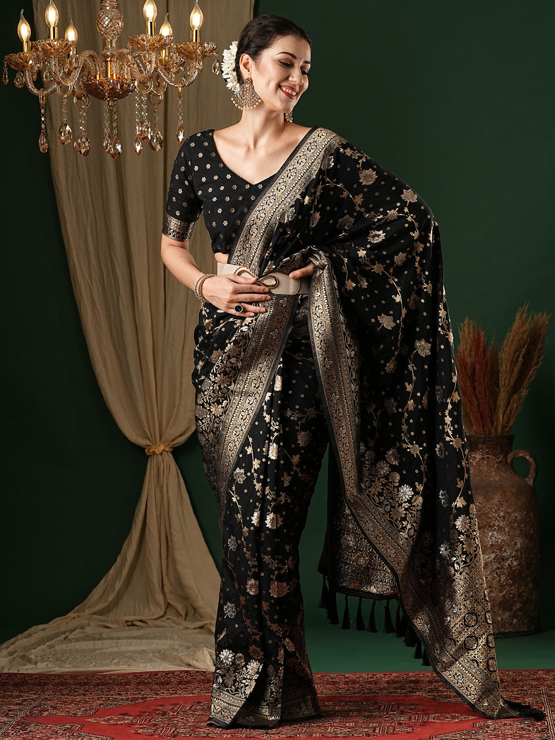 Georgette Black Woven Design Designer Saree With Blouse