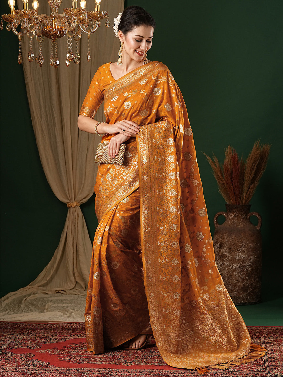 Georgette Mustard Woven Design Designer Saree With Blouse