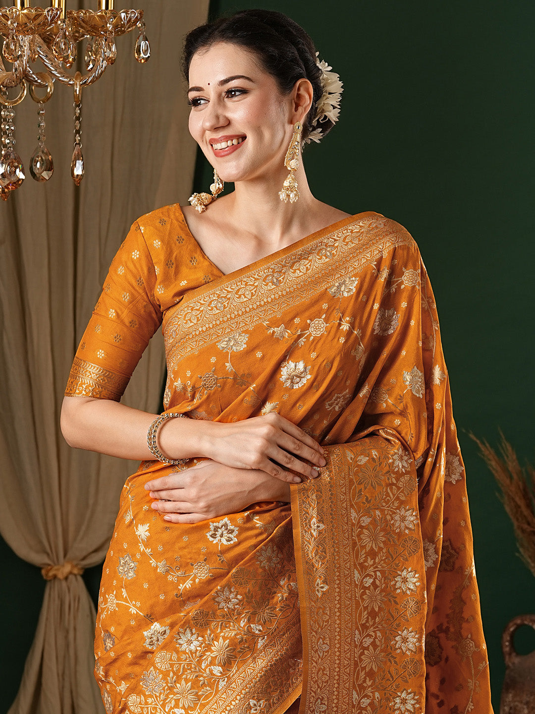 Georgette Mustard Woven Design Designer Saree With Blouse