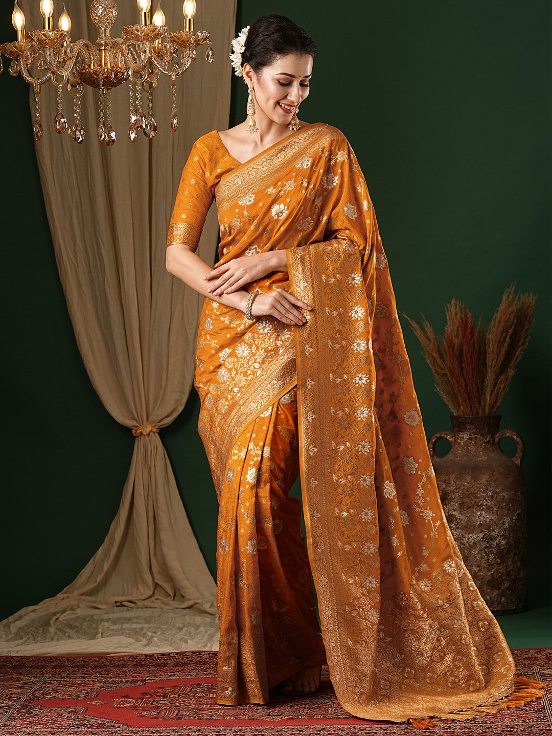 Georgette Mustard Woven Design Designer Saree With Blouse