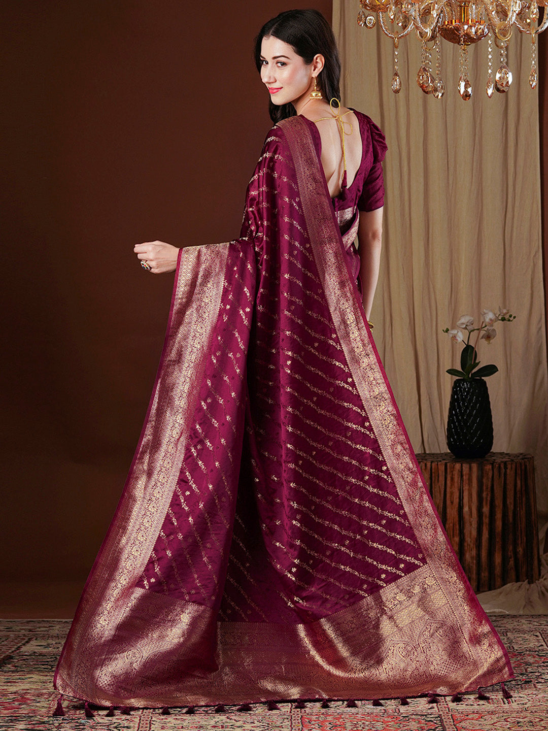 Satin Silk Burgundy Woven Design Designer Saree With Blouse