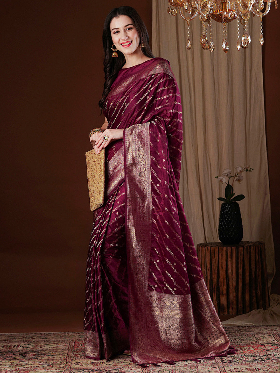 Satin Silk Burgundy Woven Design Designer Saree With Blouse