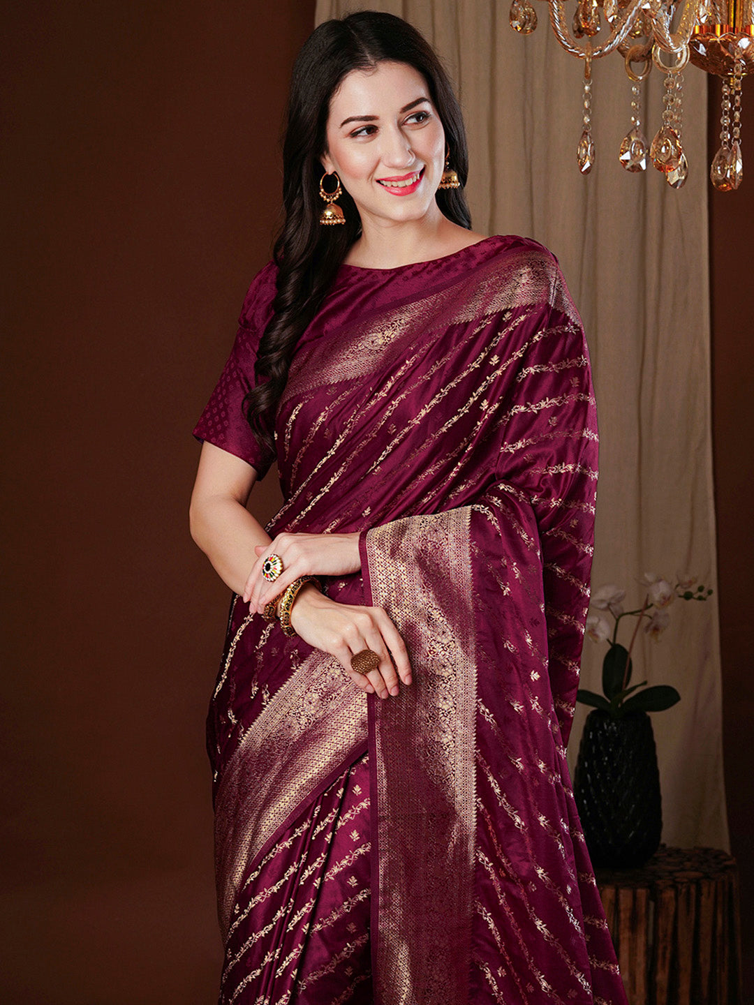 Satin Silk Burgundy Woven Design Designer Saree With Blouse