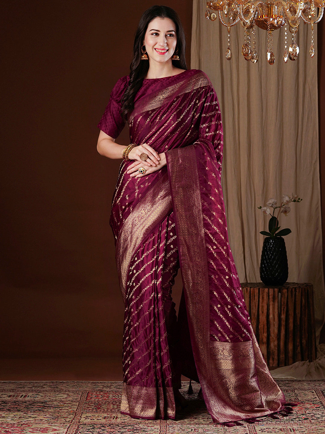 Satin Silk Burgundy Woven Design Designer Saree With Blouse