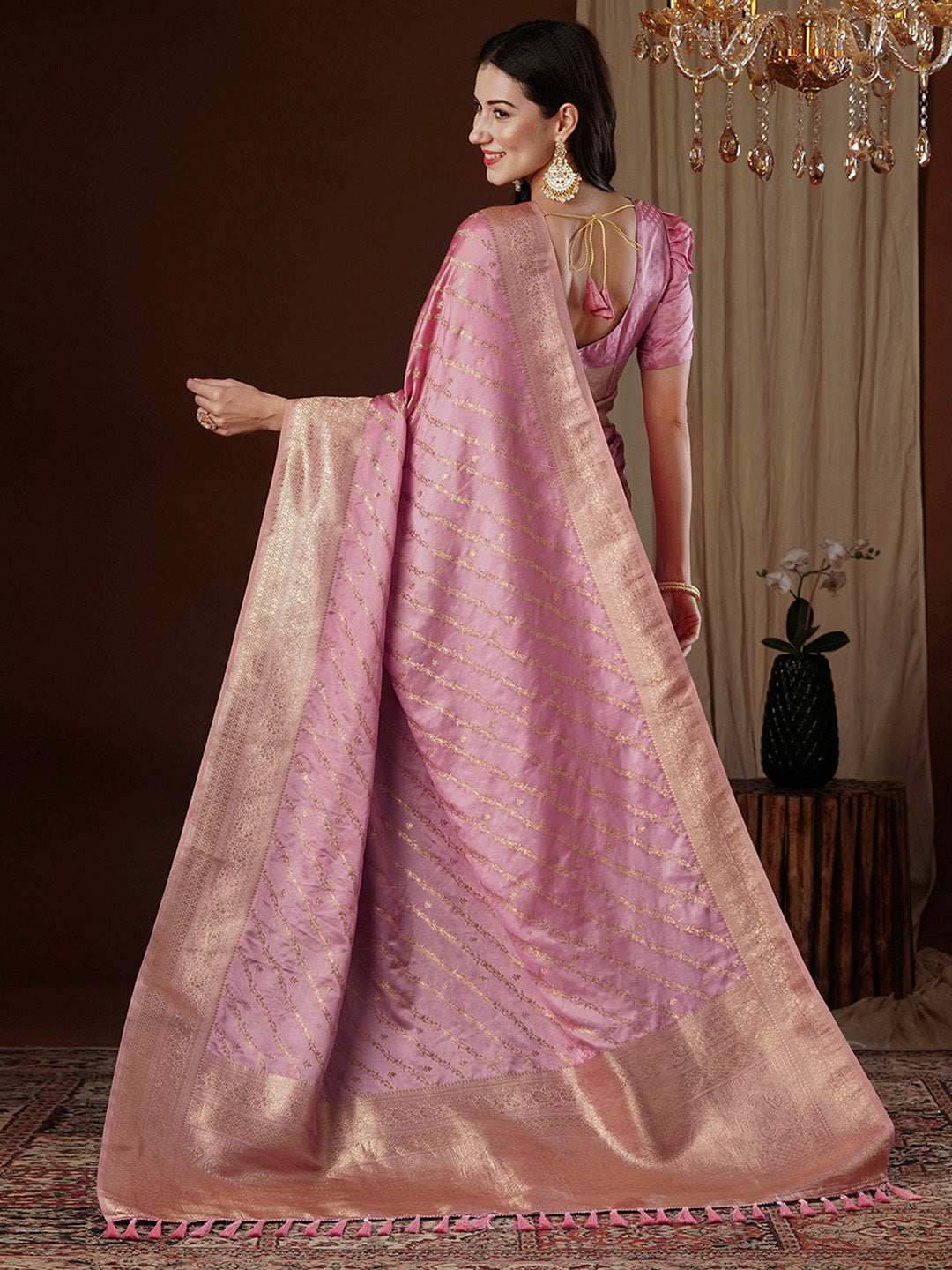 Satin Silk Pink Woven Design Designer Saree With Blouse