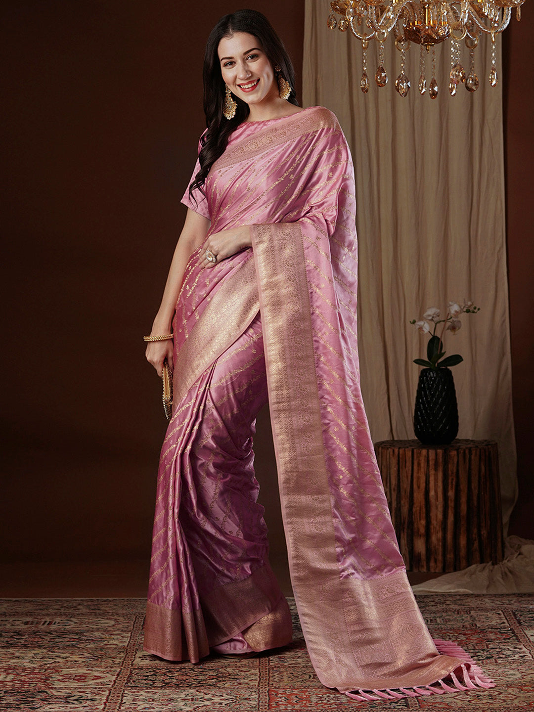 Satin Silk Pink Woven Design Designer Saree With Blouse